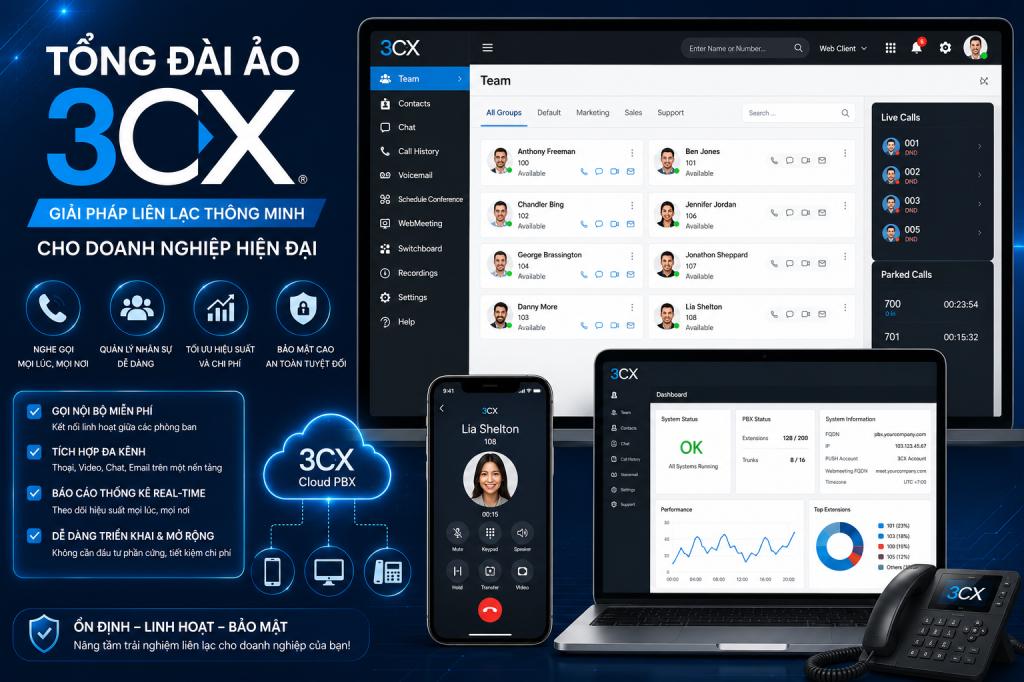 Giải pháp tổng đài ảo 3CX của VNGG Technology: màn hình phần mềm quản lý cuộc gọi trên máy tính, điện thoại và laptop